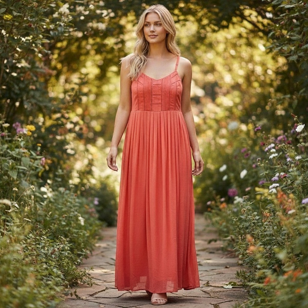 Torrid Maxi Dress Women 3 Coral Pink Chiffon Pleated Crochet Inset Boho